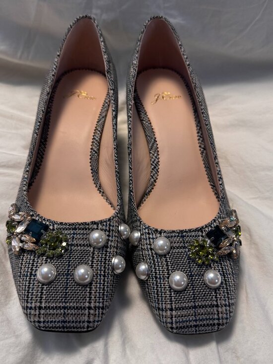 J. Crew Shoes - J.Crew Celia Embellished Plaid Block Heel Pumps – Glen Plaid | Size 8.5 - MF0298